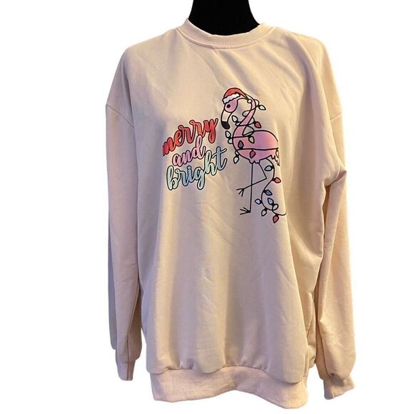 Pink Flamingo Christmas Holiday Lights Lightweight Tan‎ Top Sz XL - Picture 1 of 12